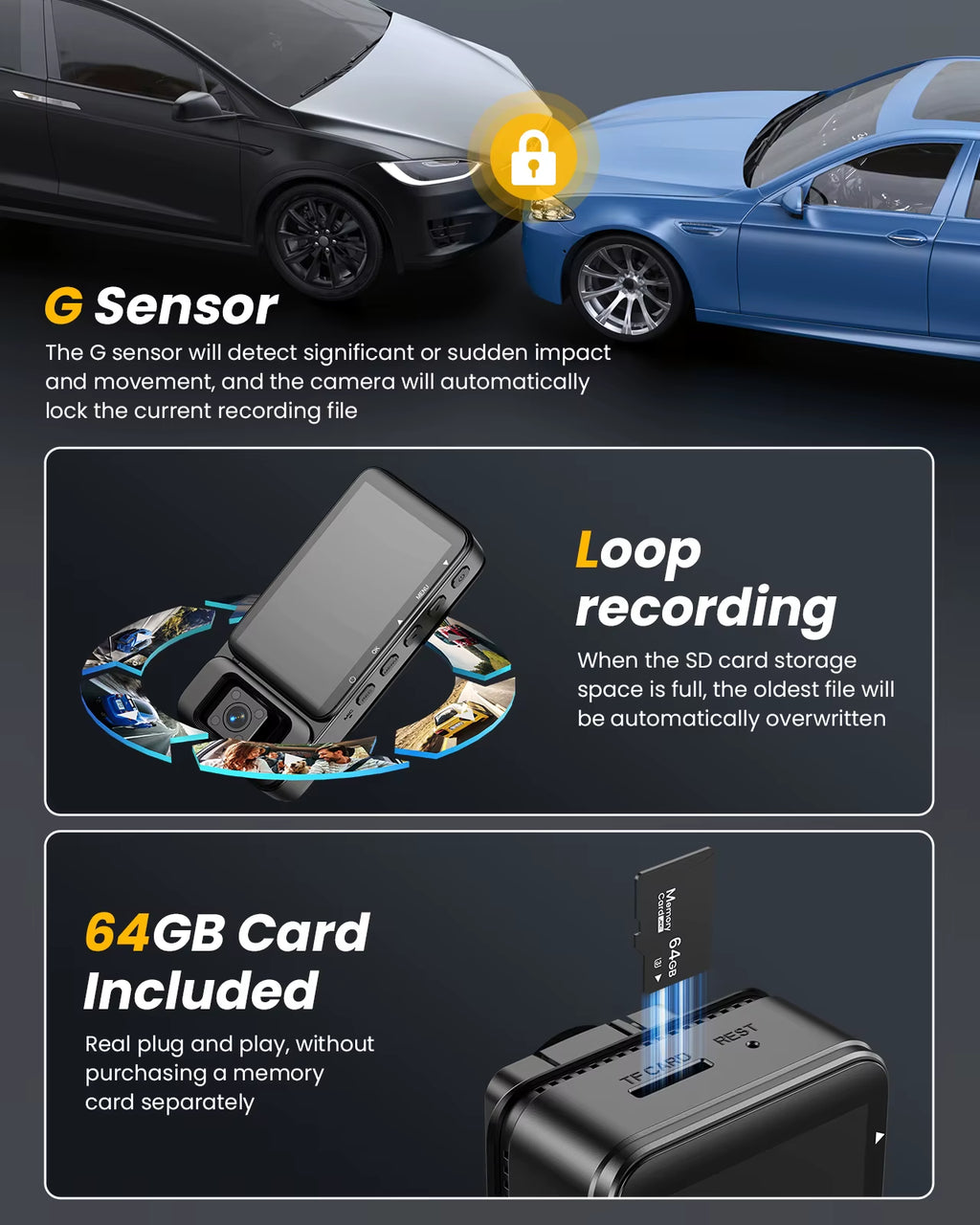 4K 3 Channel Dash Cam, 4K+1080P+1080P Front inside and Rear Dash Camera, Voice Control, Wifi, WDR Night Vision, GPS, 24H