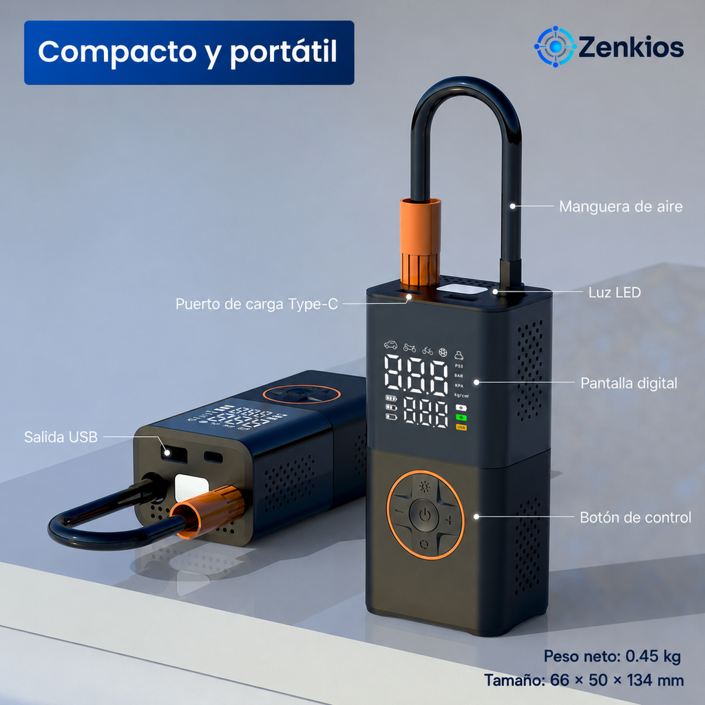 Inflador de aire portátil inteligente — Compacto, potente y fácil de llevar
