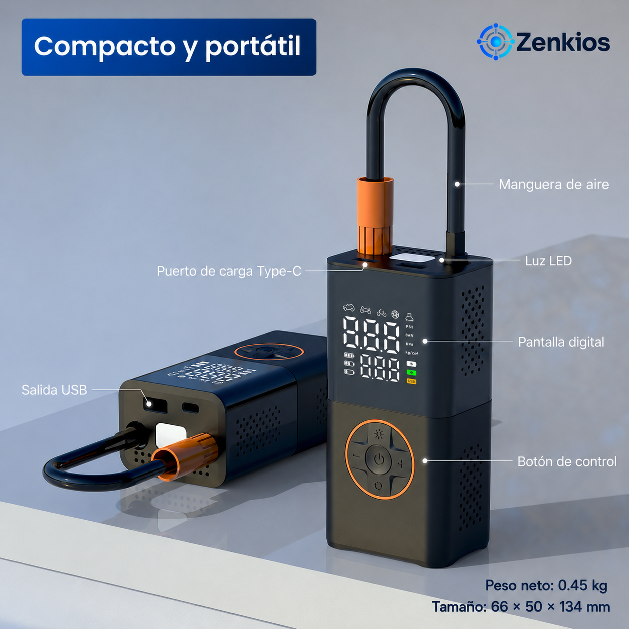 Inflador de aire portátil inteligente — Compacto, potente y fácil de llevar