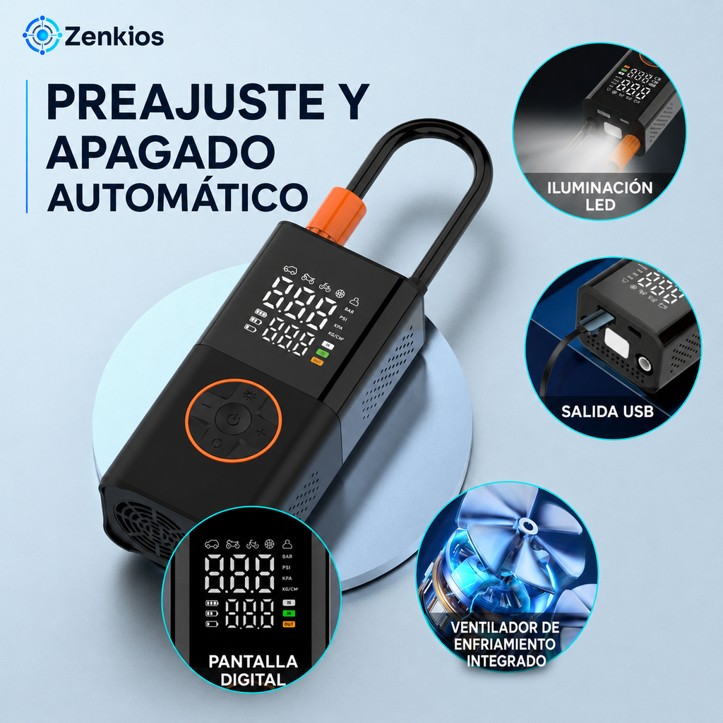 Inflador de aire portátil inteligente — Compacto, potente y fácil de llevar