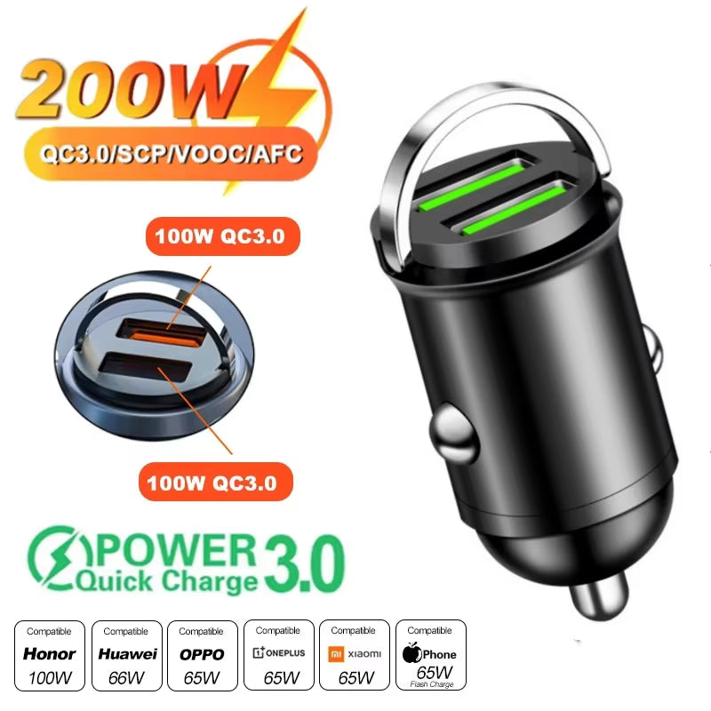 100W/200W QC3.0 PD Mini Car Charger 12-24V Lighter Fast Charging Car USB Type C Charger for Xiaomi Samsung Huawei Iphone Power