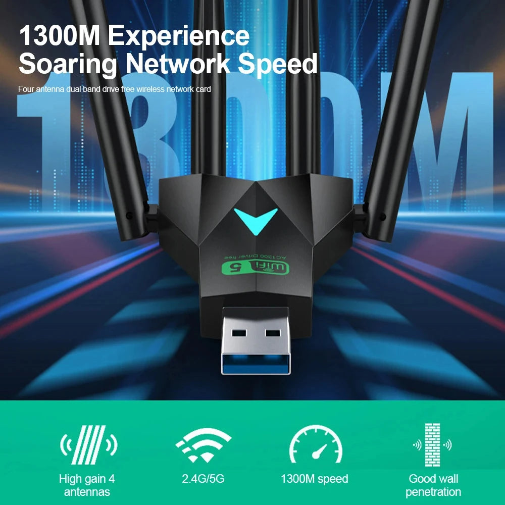 1300Mbps Wireless Network Card USB 3.0 Wifi USB Adapter Dual Band 2.4G/5Ghz Wi-Fi Dongle 4 Antenna Wireless Receiver for PC