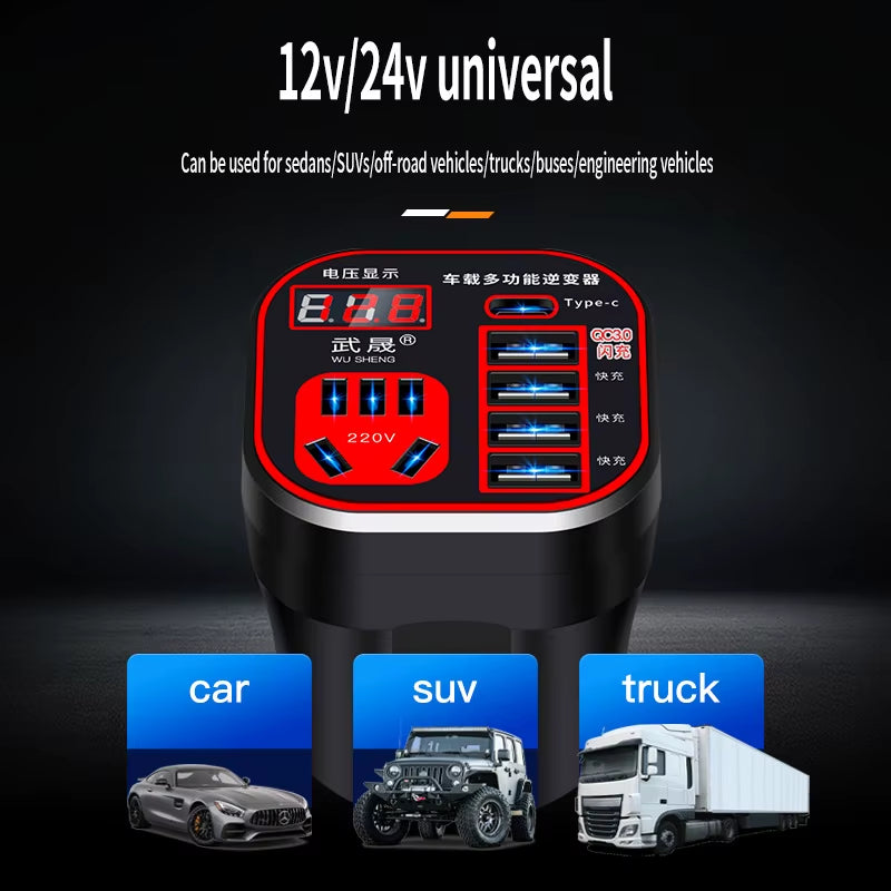 Car Power Inverter 24V 12V 220V 120W Led Display 3 Car Mounted Cup Type Inverter Converter QC Charger Pocket Inverter