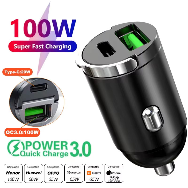100W/200W QC3.0 PD Mini Car Charger 12-24V Lighter Fast Charging Car USB Type C Charger for Xiaomi Samsung Huawei Iphone Power
